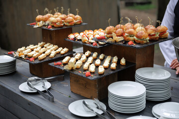 Outdoor buffet table elegantly set with an array of mini sandwiches, pastries, and desserts on wooden stands. Plates and utensils are neatly arranged, ready for a gathering or celebration.