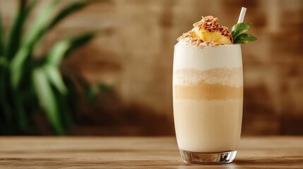A visually appealing creamy drink garnished with shredded coconut and a slice of pineapple, embodying indulgence and refreshment, inviting viewers to savor life's simple pleasures.