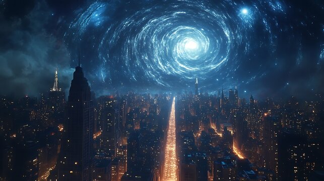 Metropolitan dreamscape with swirling celestial phenomenon over urban skyline - Powered by Adobe