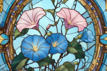 Colorful stained glass featuring morning glories in shades of blue and pink with intricate details against a light background