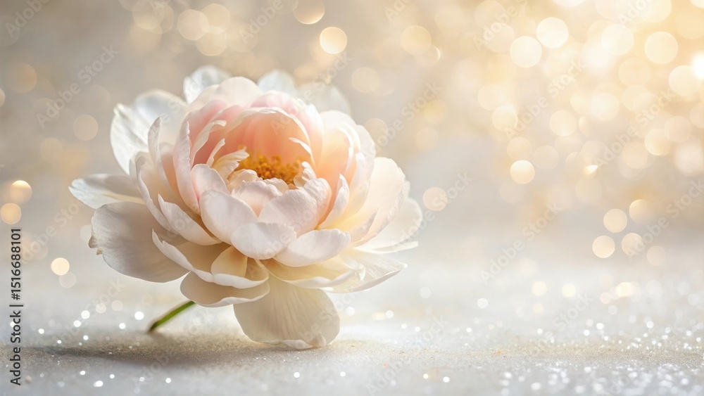 Poster a delicate blossom resting on a sparkling surface, illuminated by soft, golden lights, evoking a fee