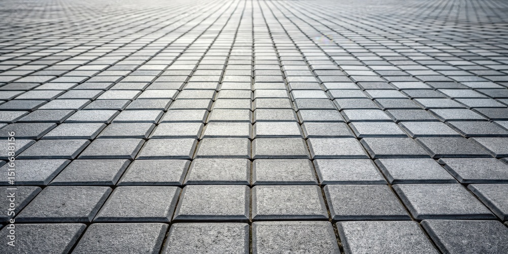 Poster a perspective view of a paved surface with uniformly sized square stones, exhibiting a receding patt