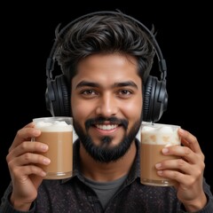 young man drinking coffee wearing headphones isolated on transparent background