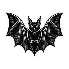 A cute, funny black cartoon bat with wings and big eyes flies against a white background, symbolizing Halloween night