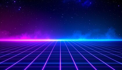 synthwave vaporwave retrowave cyber background with copy space laser grid starry sky blue and purple glows with smoke and particles design for poster cover wallpaper web banner generative ai