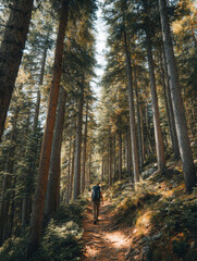 Hiker walks path in forest, feeling serene in dappled light and pine tree
