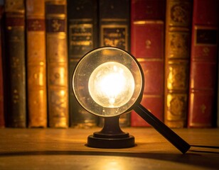 illuminated workspace a magnifying glass focuses on a glowing orb amidst antique books and warm lighting