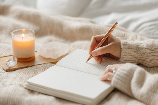 Woman writing affirmations, feeling relaxed and grateful for her peaceful time