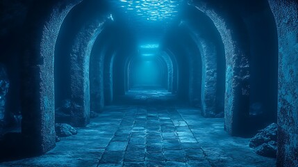 Fototapeta premium Underwater ancient tunnel with arches and illuminated by blue ethereal light