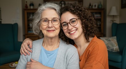 Generational love: Grandmother and granddaughter share a warm embrace, showcasing their close bond and affection. Family portrait.