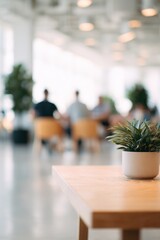 clean minimalistic image of bright eco-friendly office with potted plants and sustainable furniture where various people