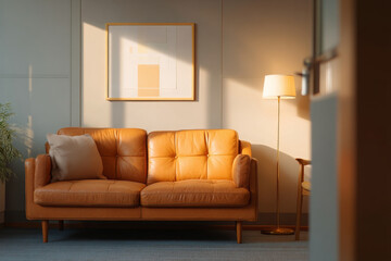 Empty therapist office couch bathed in soft light evokes peaceful calmness