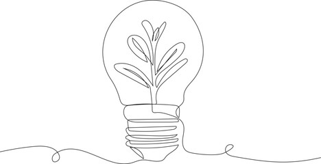 Single line drawing of plant inside lightbulb. Eco-friendly energy concept. Minimalist vector illustration for logos, posters