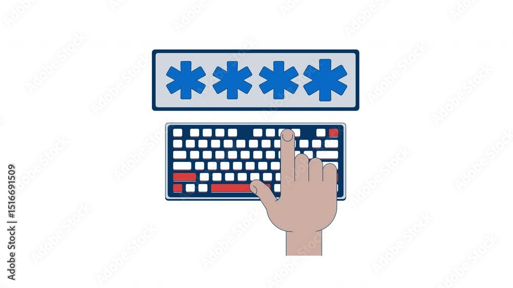 Poster password entry on keyboard 2d animation. user authentication. hand pressing key on computer keyboard