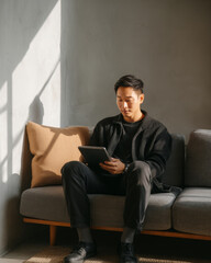 Fototapeta premium Young Asian man is happily sketching ideas while relaxing on sofa
