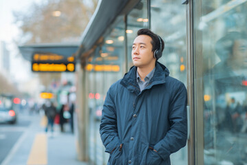 Fototapeta premium Young Asian man listening to music contentedly at bus stop