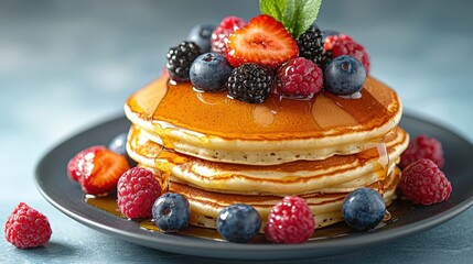 fluffy pancakes topped with a mix of fresh berries and drizzled with sweet, golden honey for a delicious and indulgent breakfast treat.
