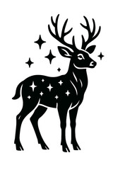 Enchanting Black and White Fancy Reindeer Silhouette with Stars Vector - Mystical Deer Illustration for Christmas, Winter, and Magical Designs