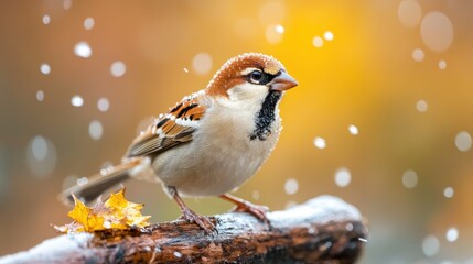 This charming sparrow sits gracefully on a branch, covered in soft snowflakes, surrounded by autumn colors, creating a serene and picturesque nature scene.
