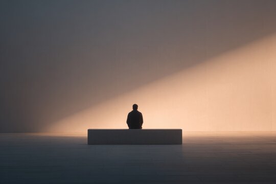 close-up of person patiently waiting seated alone on minimalist modern bench in open spacious setting