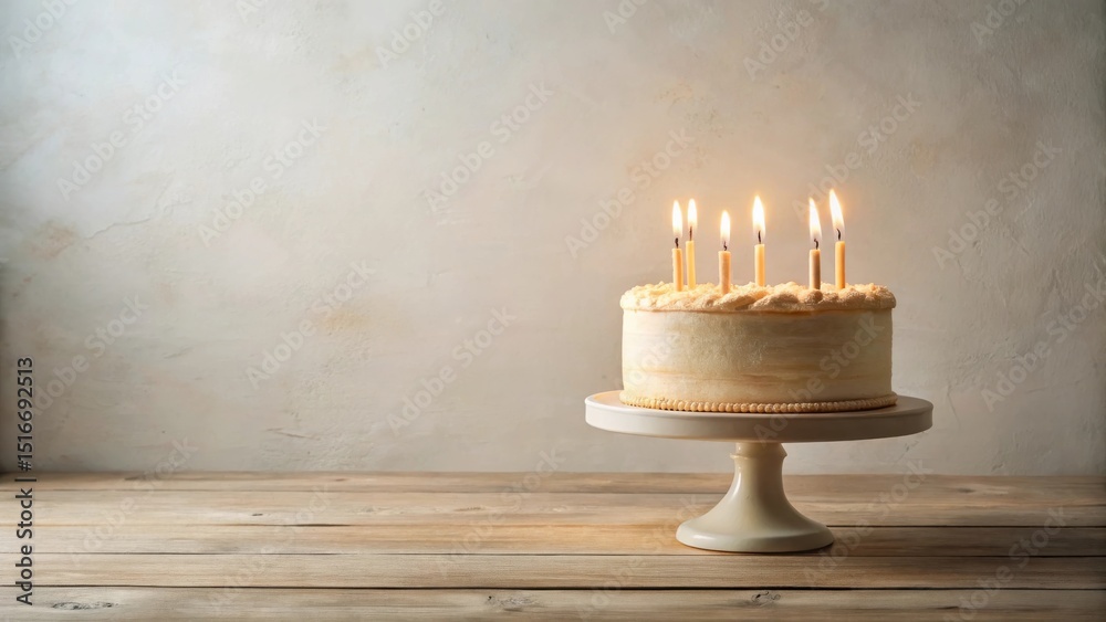 Poster a delicious round cake with lit candles on a cake stand sits on a wooden table against a textured wa