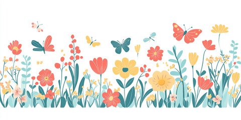 Spring Flowers with Butterflies & Dragonflies Vector