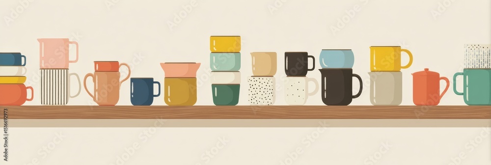 Poster colorful kitchen shelf with various cups and mugs arranged in a minimal layout for a cozy dining exp
