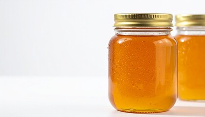 Ethically sourced honey jars on isolated white background with condensation effect and soft daylight for bee-friendly visuals