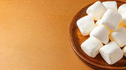 a tempting display of fluffy, white marshmallows arranged neatly on a rustic wooden plate, set against a clean, flat lay background.