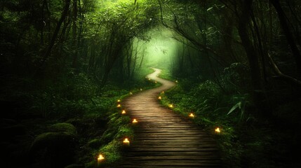 Wooden pathway winding through a mystical forest.