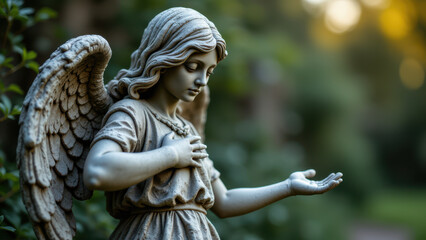 Fototapeta premium A detailed sculpture of an angelic figure with a peaceful expression and outstretched arms, often associated with Christianity.