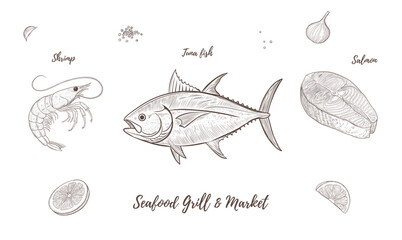 Seafood Grill and Market. Vintage Cuts with Herbs and Lemon. Tuna, shrimp, salmon. style of old engraving, vintage, Linear Sea Creatures. for menu designs, for menus, food branding, packaging