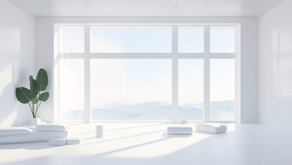This image depicts a minimalist, modern interior space bathed in natural light.