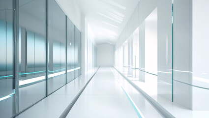 Fototapeta premium This image depicts a modern, minimalist corridor bathed in bright, ambient light.