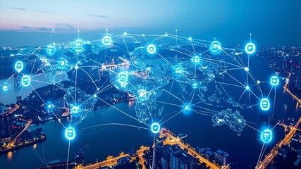 Global network connection and digital technology over cityscape at twilight time - Powered by Adobe