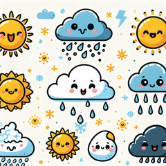 Whimsical Cartoon Clouds with Sun and Rain