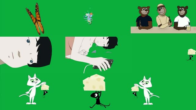 monarch butterfly green screen cartoon character it three bears sitting at table background white face black hair person holding cell phone their hand cat eyes up piece cheese sheep.