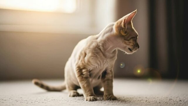 Devon rex cat portrait: adorable kitten breed closeup photography indoors pet feline animal cute kitty face fur 4k video of purebred cats.