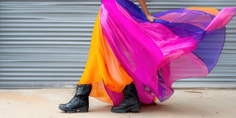 dynamic angle photo of woman wearing vibrant gown with biker boots -