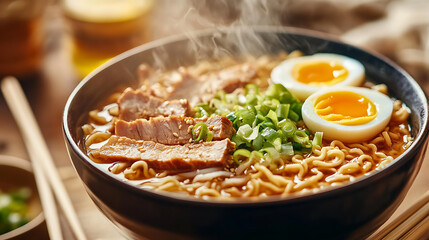 Steaming Bowl of Ramen with Soft-Boiled Eggs, Sliced Pork, and Green Onions