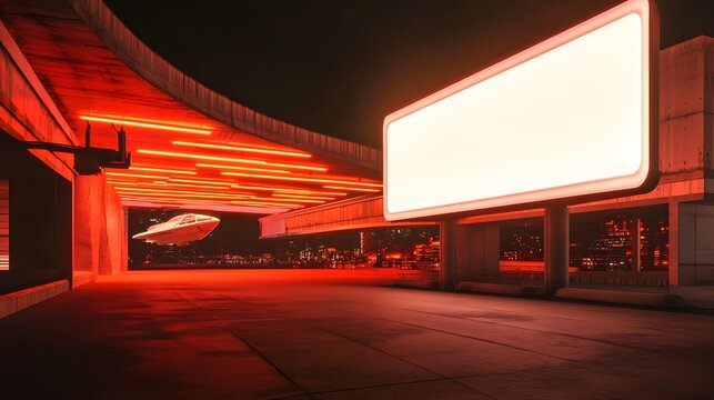 Empty billboard under neon-lit overpass with a hovering craft.