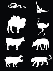 Collection of Animal Silhouettes Snake, Dove, Camel, Ostrich, Cow, Hyena, Hippo, Lion