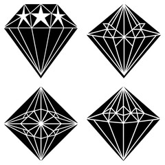 Four diamond shapes with varying internal designs and star accents in black and white illustration