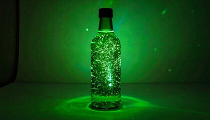 glowing liquid in a green bottle