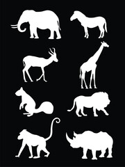 African Safari Animals Elegant White Silhouettes of Wildlife