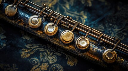 Close-up view of a vintage flute's keys and body.