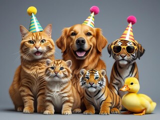 Group of Animals Celebrating Birthday with Party Hats