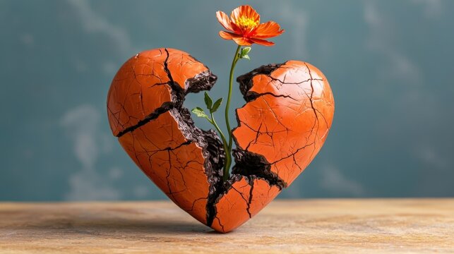 a beautifully intricate sculpture depicting a broken cracked heart with a delicate, vibrant flower sprouting out from the center, symbolizing growth, healing, and resilience in the face of heartbreak