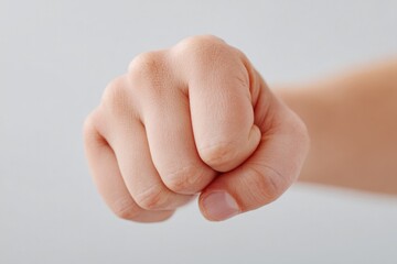 close-up of martial artist hand forming fist centered on plain background