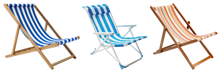 PNG Three striped beach chairs in blue and orange tones element set on transparent background.